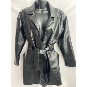 BB Dakota Pret A Porter Black Faux Leather 90s Tie Waist Coat Jacket Size S Moto